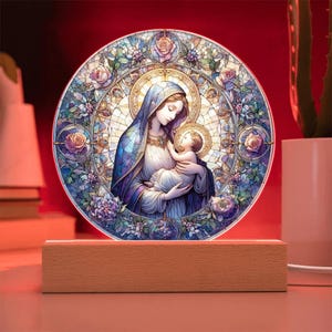 Mary and Baby Jesus Stained Glass Plaque, Orthodox Christian Gift, Night Light, Stain Glass Jesus Lamp, Holiday Decor, Housewarming Gift