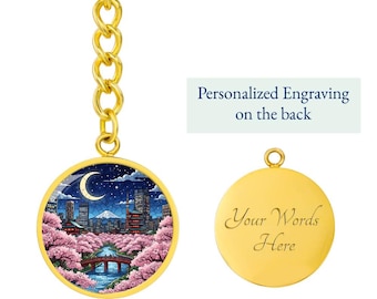 Tokyo Japan Necklace or Keychain, Stained Glass Style, Cherry