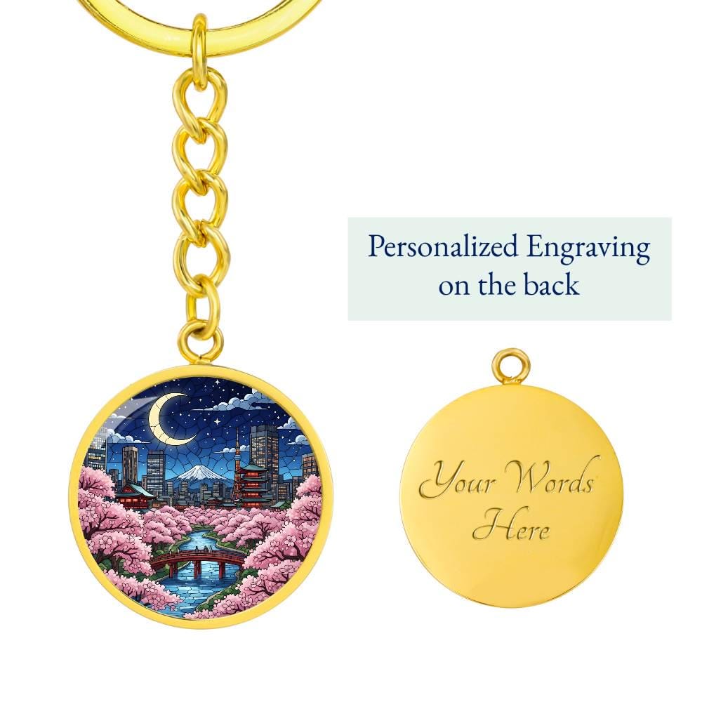 Tokyo Japan Necklace or Keychain, Stained Glass Style, Cherry