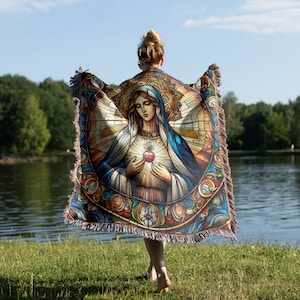 Virgin Mary Stained Glass Style Woven Throw Blanket, Antique Catholic Art Woven Tapestry, Religious Blanket, Spiritual Decor