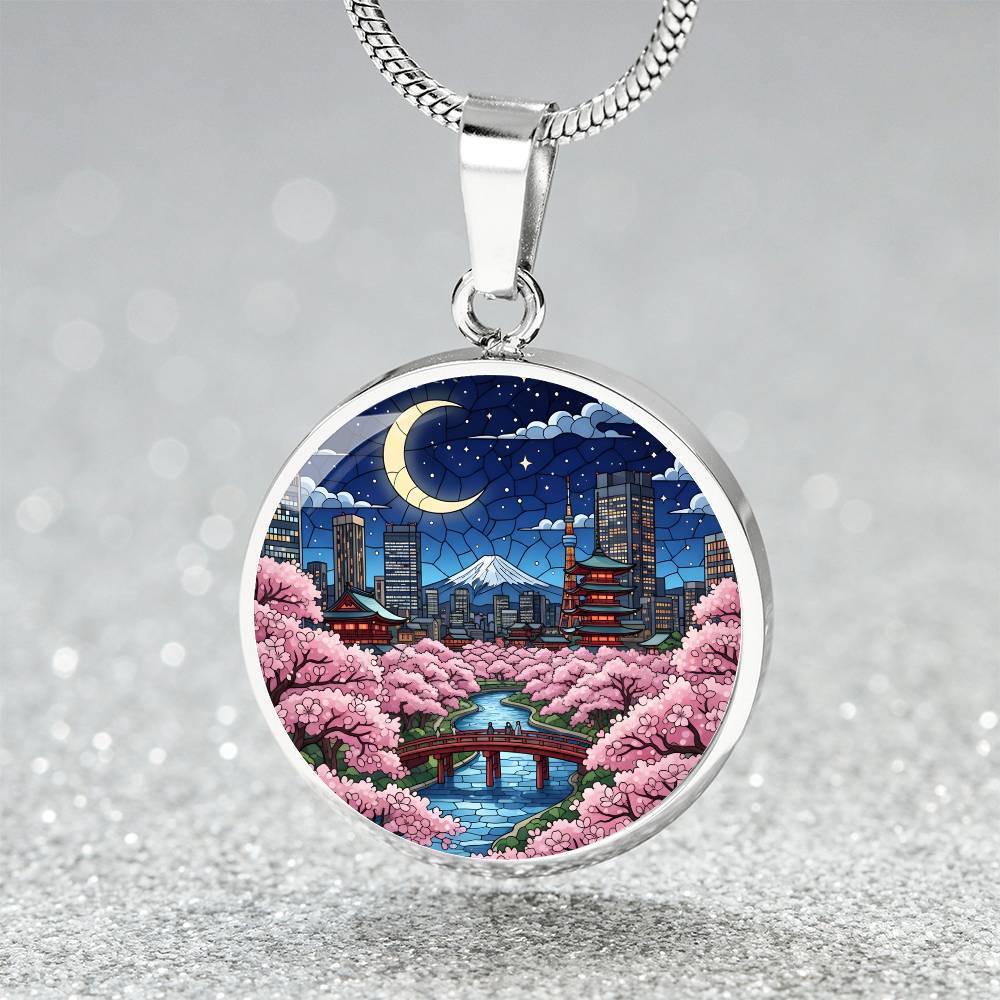 Tokyo Japan Necklace or Keychain, Stained Glass Style, Cherry