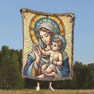 Virgin Mary and Baby Jesus Stained Glass Style Woven Throw Blanket, Antique Catholic Art Woven Tapestry, Religious Blanket, Spiritual Decor