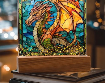 ステンドグラスのドラゴン飾り、サンキャッチャードラゴン、LEDナイト