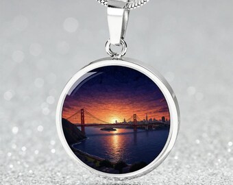 Golden Gate Bridge Necklace or Keychain – San Francisco California Stained Glass Style Pendant, Personalized Travel Keepsake, SF Lovers Gi