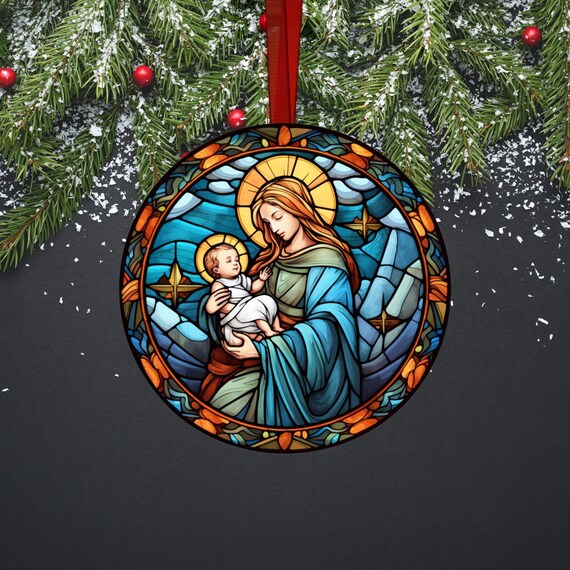 正教会のカトリックのステンドグラスの飾り、聖母マリアと幼子イエスの