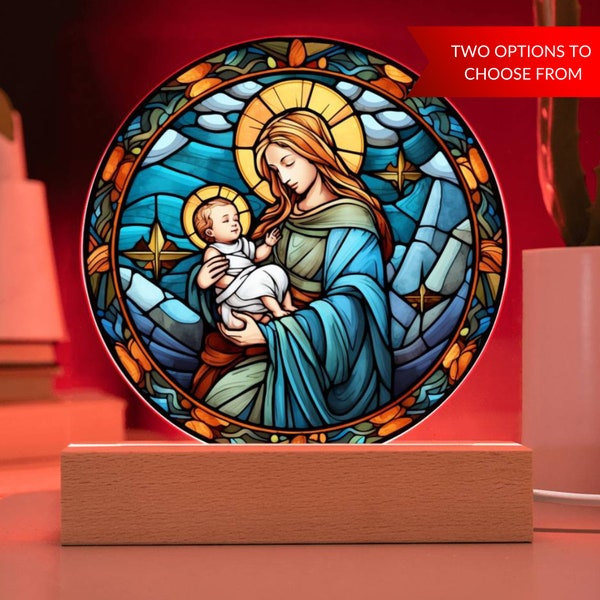 Plakette im Buntglas-Stil mit Maria und dem Jesuskind | Katholische Statue, Statue der Jungfrau Maria, LED-Licht, Buntglasmuster, Ostern, Jesus rettet