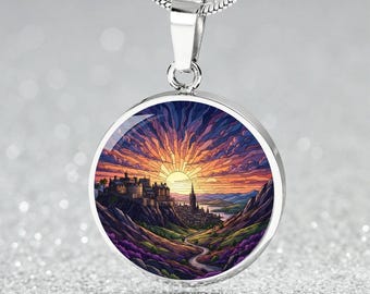 Edinburgh Scotland Necklace or Keychain, Stained Glass Style, Personalized Keychain, Castle & Clock Tower City Souvenir, Christmas Gift