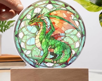 Drache LED Nachtlicht, Glasmalerei, Drache Geschenk, Geschenk für Ihn, Glasmalerei, Drache Sonnenfänger, Fabelwesen, Buchliebhaber Geschenk