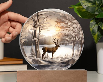 3D Reindeer Round Plaque | 3D Image, LED Night Light, Gift for Him, Gift for Her, Hunting Gift, Winter, Snow, Woods Scenery