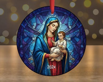 聖母マリアとイエスの聖像：ステンドグラス風クリスマスオーナメント
