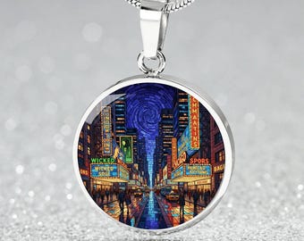Broadway Necklace or Keychain, Stained Glass Style, Theatre Lover Gift, Personalized New York City Souvenir, NYC Holiday Travel Keepsake