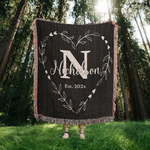 Personalized Monogram Family Name Blanket, Custom Initial Throw Blanket, Newlywed Gift, Family Established Design, Wedding Anniversary Gift
