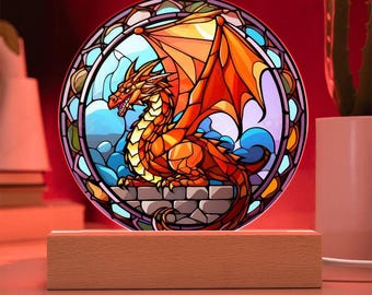 Drache Glasmalerei Nachtlicht, personalisiertes Geschenk für ihn, DnD Geschenk, Glasmalerei, Drache Sonnenfänger, Fabelwesen, Buch-Liebhaber Geschenk