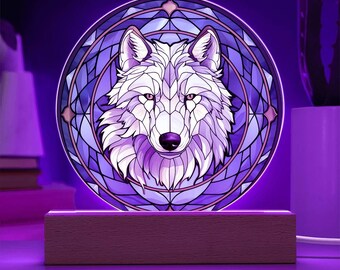 ステンドグラススタイルの白いオオカミの飾り板、冬のオオカミの LED