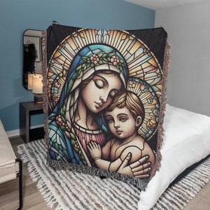Virgin Mary and Baby Jesus Stained Glass Style Woven Throw Blanket, Antique Catholic Art Woven Tapestry, Religious Blanket, Spiritual Decor