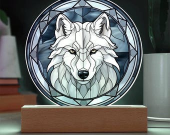 Stained Glass Style White Wolf Plaque or Ornament, Wolf LED Light, LED Night Light, Gift for Him, Dad, Grandpa, Hunting Gift, Christmas Gift