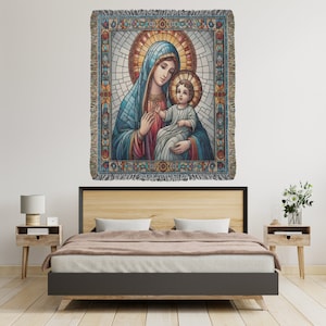 Virgin Mary and Baby Jesus Stained Glass Style Woven Throw Blanket, Antique Catholic Art Woven Tapestry, Religious Blanket, Spiritual Decor