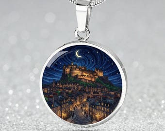 Edinburgh Scotland Necklace or Keychain, Stained Glass Style, Personalized Keychain, Castle & Clock Tower City Souvenir, Christmas Gift