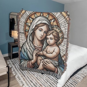 Virgin Mary and Baby Jesus Stained Glass Style Woven Throw Blanket, Antique Catholic Art Woven Tapestry, Religious Blanket, Spiritual Decor