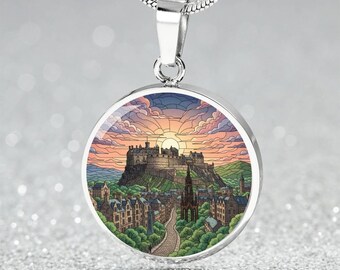 Edinburgh Scotland Necklace or Keychain, Stained Glass Style, Personalized Keychain, Castle & Clock Tower City Souvenir, Christmas Gift