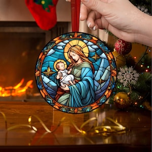 Orthodox Catholic Stained Glass Ornament, Virgin Mary and Baby Jesus Keychain, Christian, Catholic Home Decor, Catholic Christmas Suncatcher