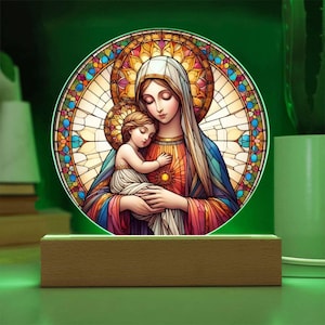 Mary and Baby Jesus Stained Glass Plaque, Orthodox Christian Gift, Night Light, Stain Glass Jesus Lamp, Holiday Decor, Housewarming Gift