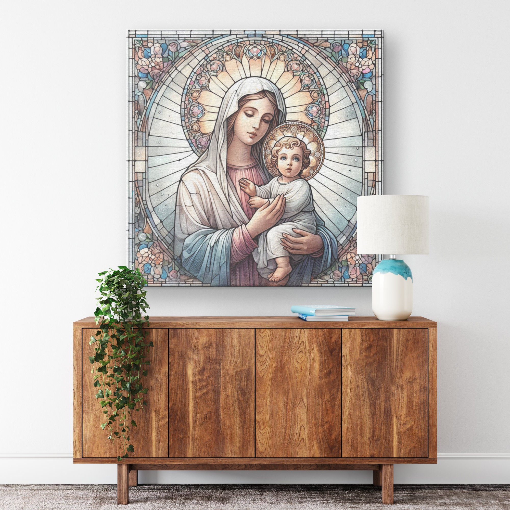 Stained Glass Style Virgin Mary and Baby Jesus Canvas Art, Religious ...
