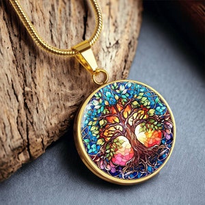 Personalized Gold Tree of Life Pendant Keychain, Sacred Tree Necklace, Stained Glass Trees, Gift for Mom, Gift for Grandma, Family Engraved