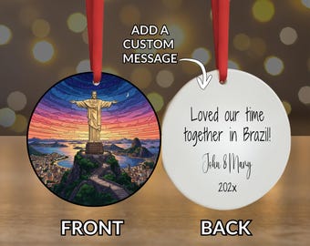 Christ the Redeemer Rio de Janeiro Ornament or LED Light-Up Plaque – Stained Glass Style Brazil Travel Keepsake – Personalized Name & Ye