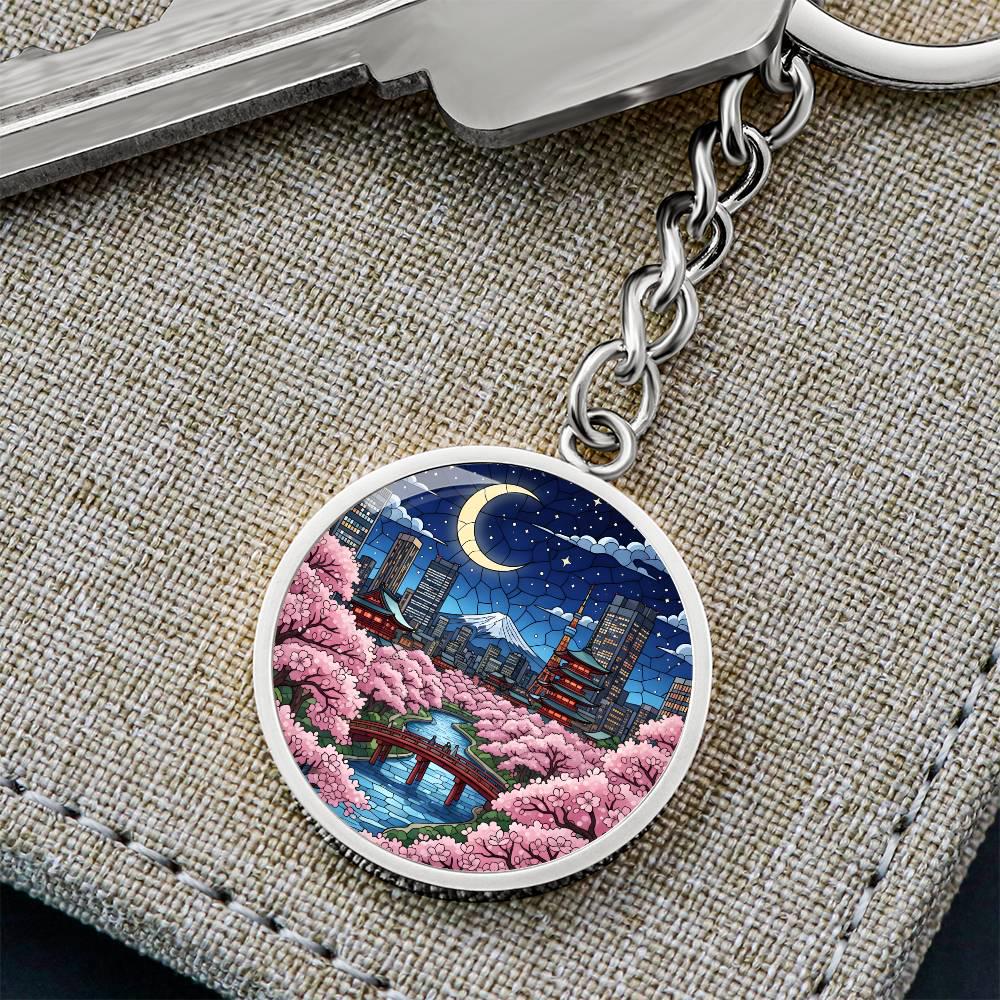 Tokyo Japan Necklace or Keychain, Stained Glass Style, Cherry