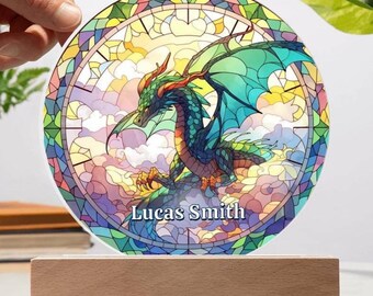 Drache Nachtlicht, Glasmalerei-Stil, personalisiertes Geschenk für ihn, DnD Geschenk, Drache Sonnenfänger, mythische Kreatur, Buch-Liebhaber-Geschenk