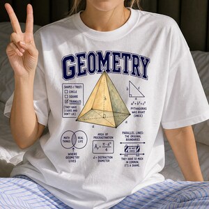 May include: A white t-shirt featuring a large graphic with the word GEOMETRY in blue letters. The design includes a yellow pyramid, a right triangle with the Pythagorean theorem, a Venn diagram, and various math-themed text and diagrams.