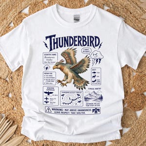 Puede incluir: Una camiseta blanca con un gráfico de un Thunderbird, el texto THUNDERBIRD, el nombre científico Brontornis loudus y varios datos humorísticos que incluyen dieta, comparación de envergadura y una advertencia de buscar refugio.