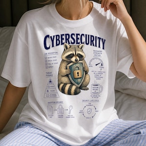 May include: A white t-shirt featuring a graphic of a raccoon holding a shield with a padlock. The design includes the text CYBERSECURITY, a job description checklist, a password strength meter, a threat pyramid, a coffee mug, and security diagrams.