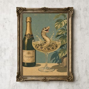 Può includere: Una stampa artistica incorniciata che presenta un'illustrazione in stile vintage di un serpente maculato che emerge da una coppa di champagne con liquido che schizza. Accanto al bicchiere c'è una bottiglia con l'etichetta Champagne e una pianta.