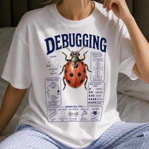Op de afbeelding: Een wit t-shirt met een grote, centrale afbeelding van een rood lieveheersbeestje, omringd door technische diagrammen en tekst. Het ontwerp bevat een debugging-stroomdiagram, een bug-cyclus, een ernstindex en diverse soorten bugs.