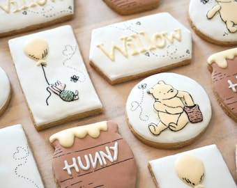 A Little Hunny is on the Way - Classic Storybook Bear Pig Sugar Cookies - 1 Dozen - Custom Personalized Birthday Baby Shower