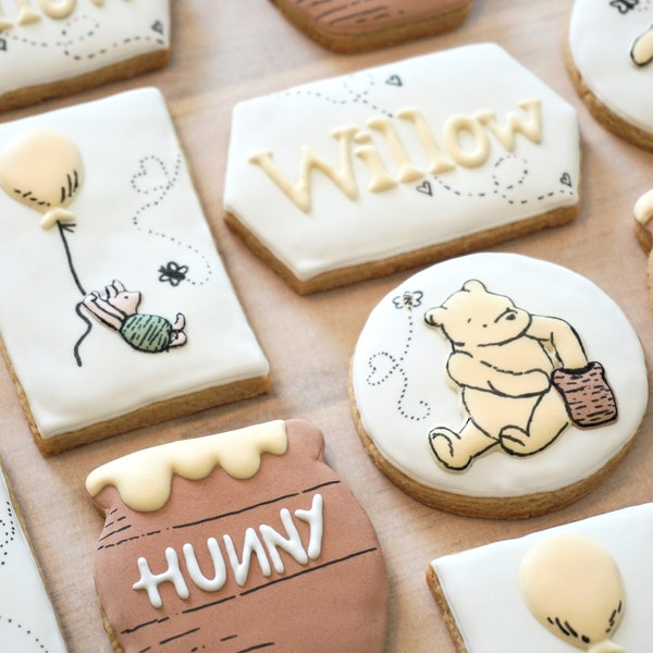 A Little Hunny is on the Way - Classic Storybook Bear Pig Sugar Cookies - 1 Dozen - Custom Personalized Birthday Baby Shower