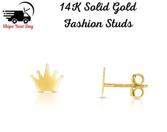 14K Solid Yellow Gold Crown Studs Earrings, Elegant Crown Earrings, Princes Tiara Studs, Dainty Crown Stud Earrings, Princess Jewelry, Gift