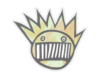 May include: A yellow and green cartoon face with a crown of spikes. The face has a wide, toothy grin and two large eyes.