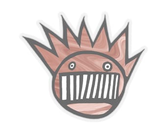 May include: A sticker featuring a cartoon character with a spiky crown, a wide grin, and a wood-grain texture. The character's eyes are large and round, and its mouth is open, revealing a row of teeth.