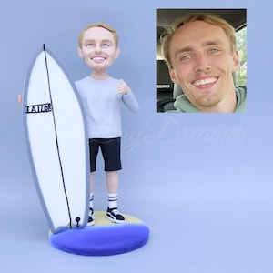 Custom Beach Surfing Bobblehead, Custom Sports Bobble Head, Boy Surfer Bobbleheads, Surfboard Custom Bobble heads, Custom Birthday gifts
