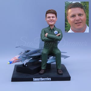 Custom Pilot Bobblehead And Jet, Plane Pilot Figurine, Air Force Officer Statue, Aviator Birthday Gift, Personalized Pilot Boyfriend Present