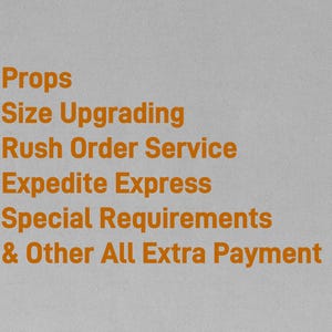 May include: A list of additional services and fees for custom orders, including props, size upgrading, rush order service, expedite express, special requirements, and other extra payment.