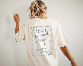 Blue Bow Bachelorette Shirts, Tying the Knot TShirts She's Tying the Knot Bachelorette Merch CustomBachelorette T-shirts BridalParty Gifts