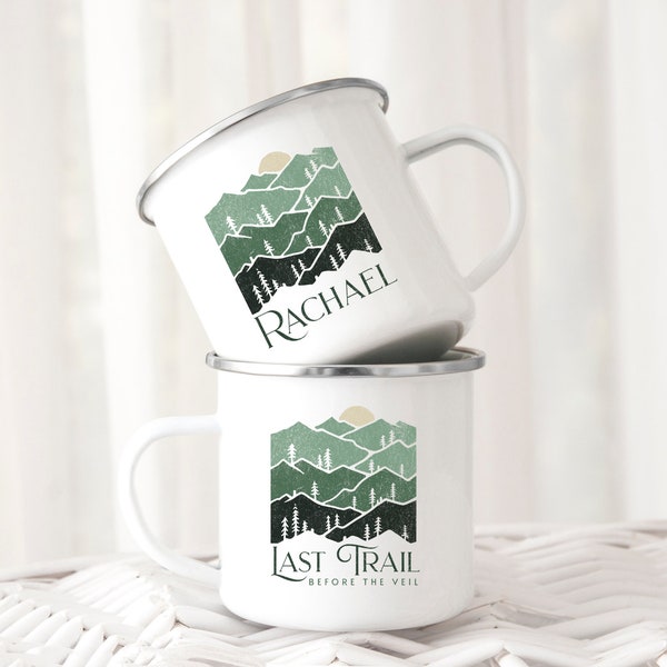 Last Trail Before the Veil, Camp Bachelorette Party Personalized Enamel Camping Mug, Custom Bachelorette Party Favors, Customized Enamel Mug