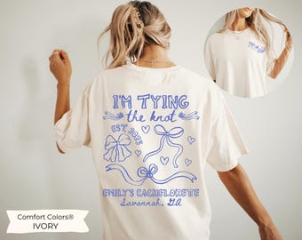 Blue Bow Bachelorette Shirts, Tying the Knot TShirts She's Tying the Knot Bachelorette Merch CustomBachelorette T-shirts BridalParty Gifts