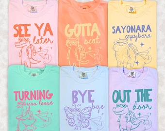 Camiseta del último día de clases, camiseta a juego del equipo de profesores Silly Goose Goodbye, camiseta de Nos vemos luego con cocodrilo, mapache y capibara