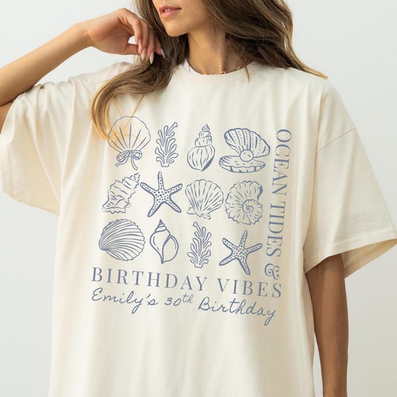 Custom Comfort Colors Beach Birthday Shirt, Personalized Seashell Group Bday Shirt, Coastal Birthday Party Tee, Tropical 30th Birthday Shirt