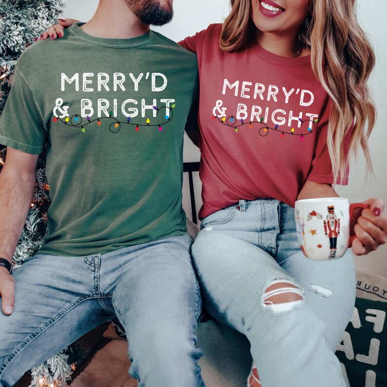 Merry'd and Bright Shirt, Comfort Colors Newly Married Couple Christmas Matching Shirt, First Christmas Gift for Married Couple Newlyweds image 1